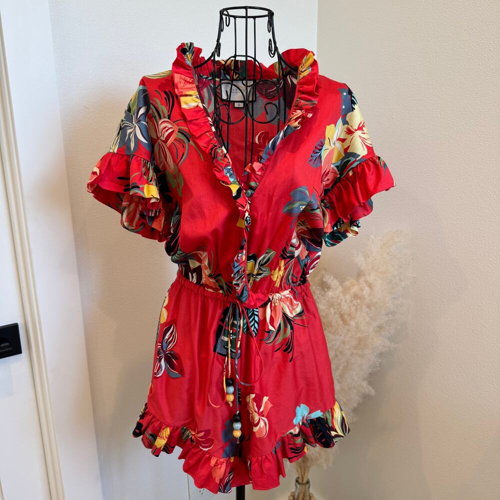 Alexis Faine Ruffle Red Floral Print Cotton V- Neck Romper Small- Tropical